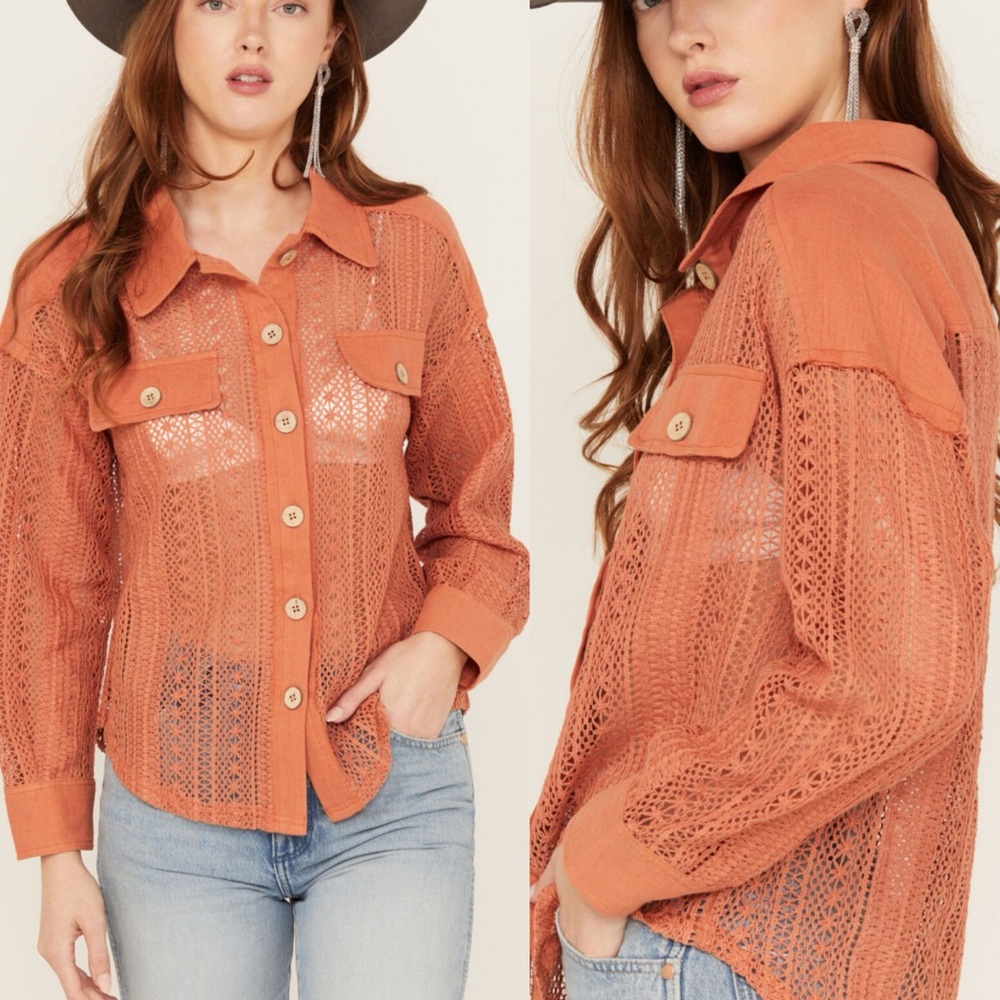 Everyday Chic Boutique Orange Open Knit Crochet Lace Button Up Shirt Oversized L